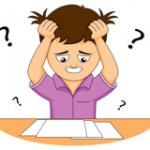 boy confused and pulling hair reading test question paper clipart