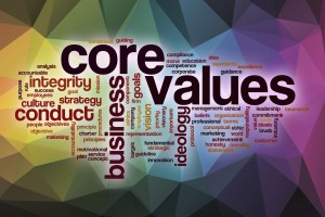 Core values word cloud with abstract background